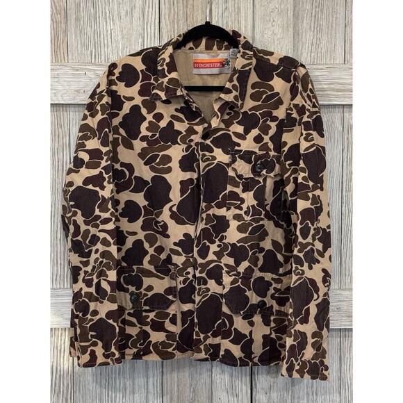 VINTAGE Winchester Jacket large Brown Frog Camo Lightweight Duck Hunting Button - Picture 1 of 6